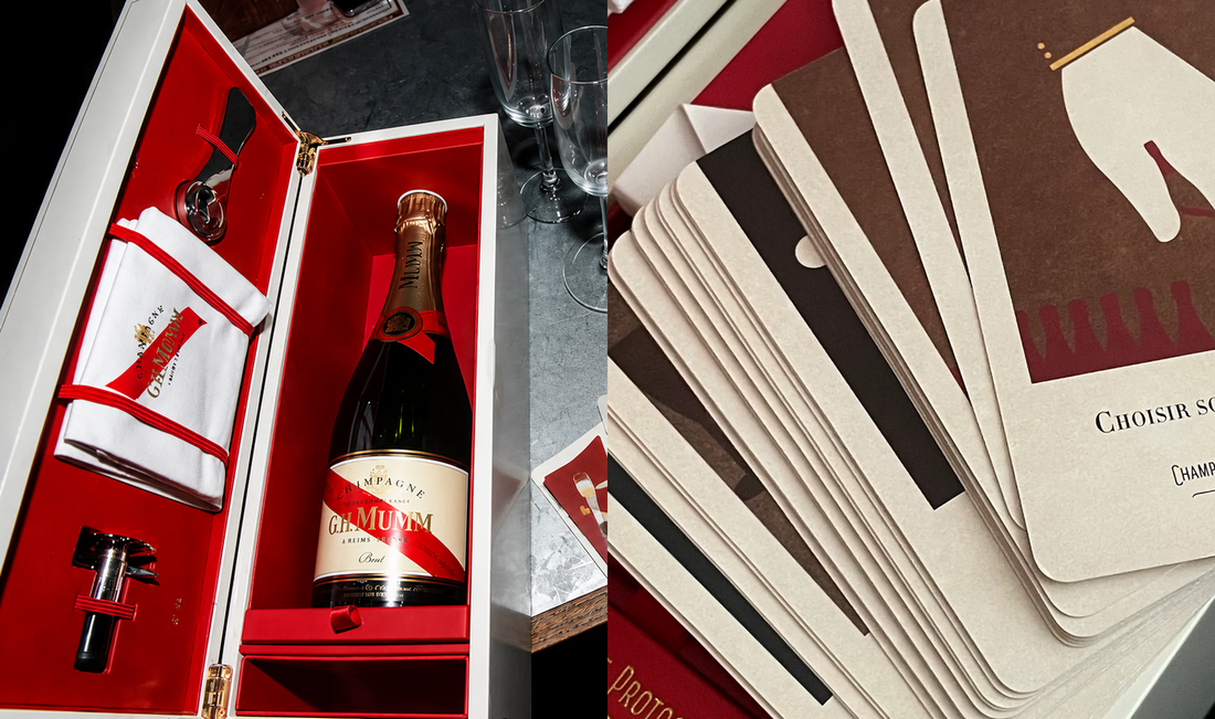 G.H.Mumm Cordon Rouge Brut Champagne Protocoles coffret 75 cL sada s hracími kartami 🃏
