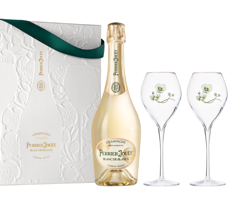 PERRIER-JOUËT BLANC DE BLANCS COFFRET 75 cL SET S DVĚMI FLUTE SKLENIČKAMI, GIFT BAG — k dispozici 6.12.